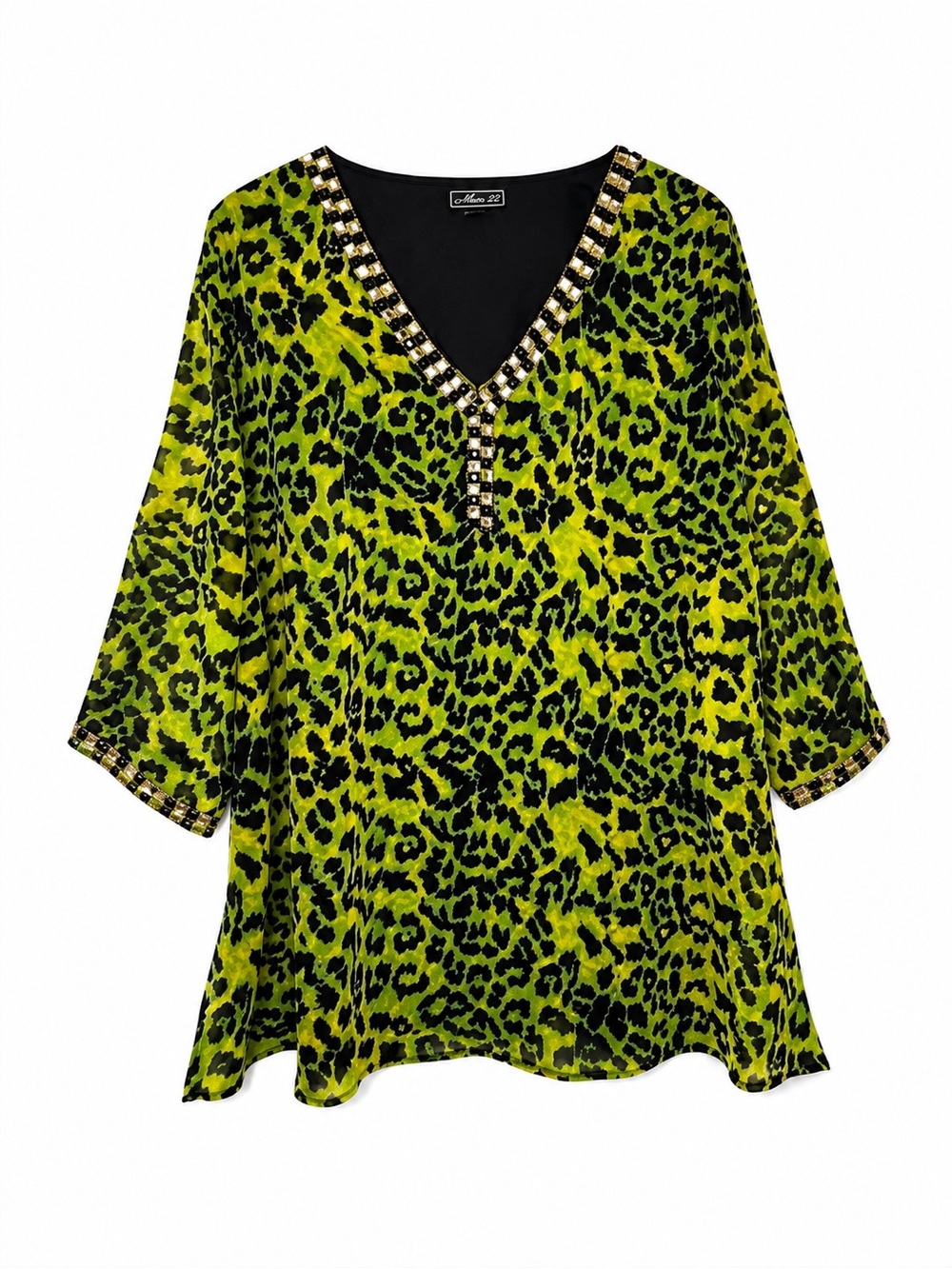 Metro 22 Leopard Print Tunic Top XXL 2X Green Black Beaded Rhinestone V Neck
